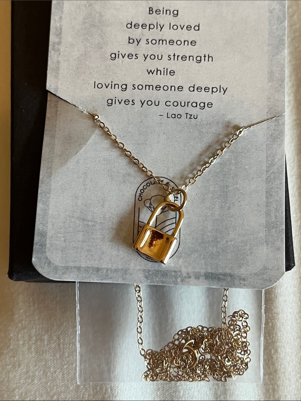 Chocolate & Steel Lock Charm Necklace gold vermeil